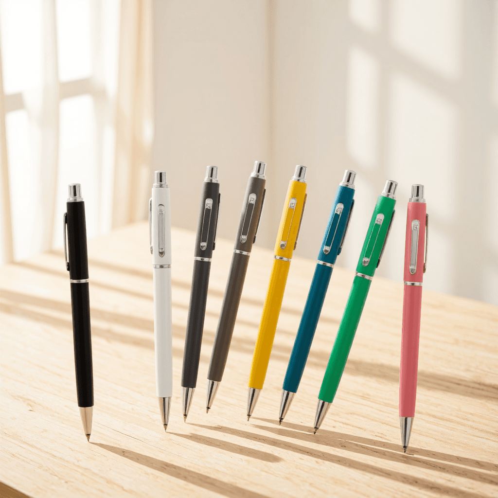 product photography of set of colored pens with replaceable tips