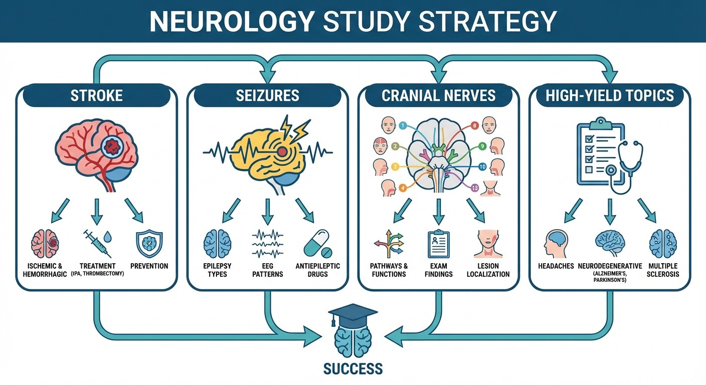 Neurology study strategy for NEET PG showing four key focus areas