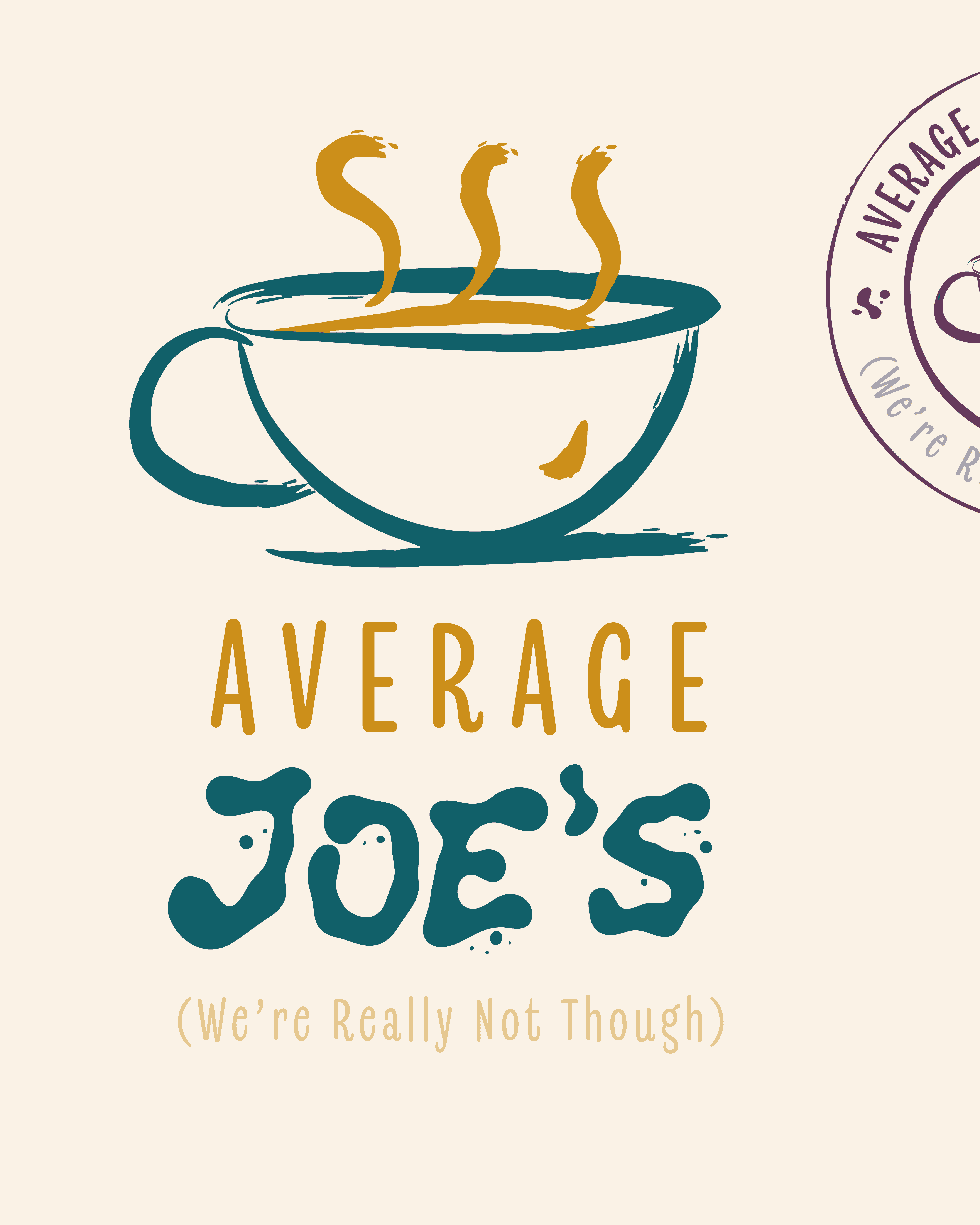 Average Joe's Coffee Co. logo on a cream background with a hand-drawn teal cup, gold steam, and the tagline "(We're Really Not Though)"