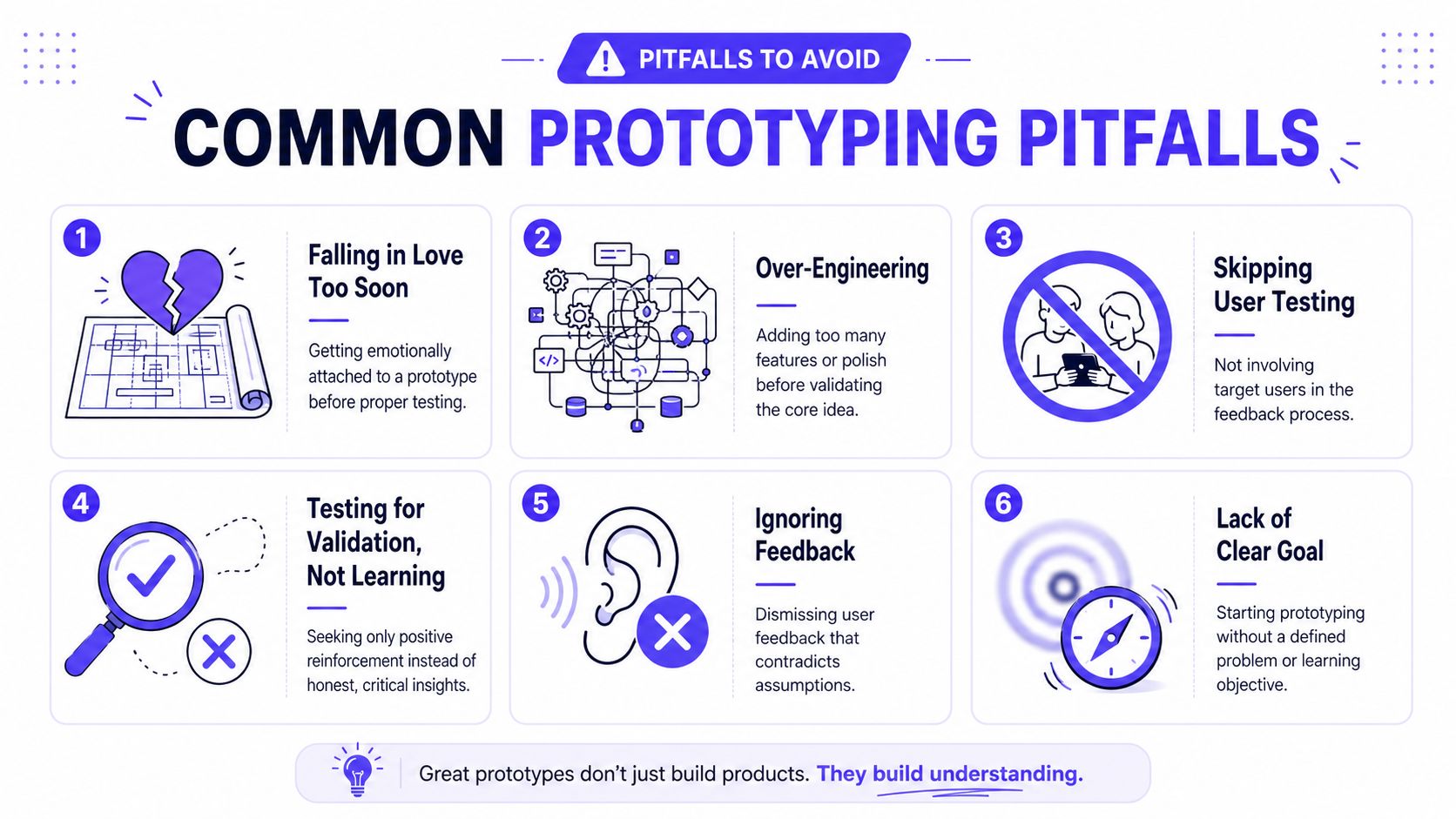 An infographic detailing six common pitfalls to avoid when creating prototypes for better user experience design.