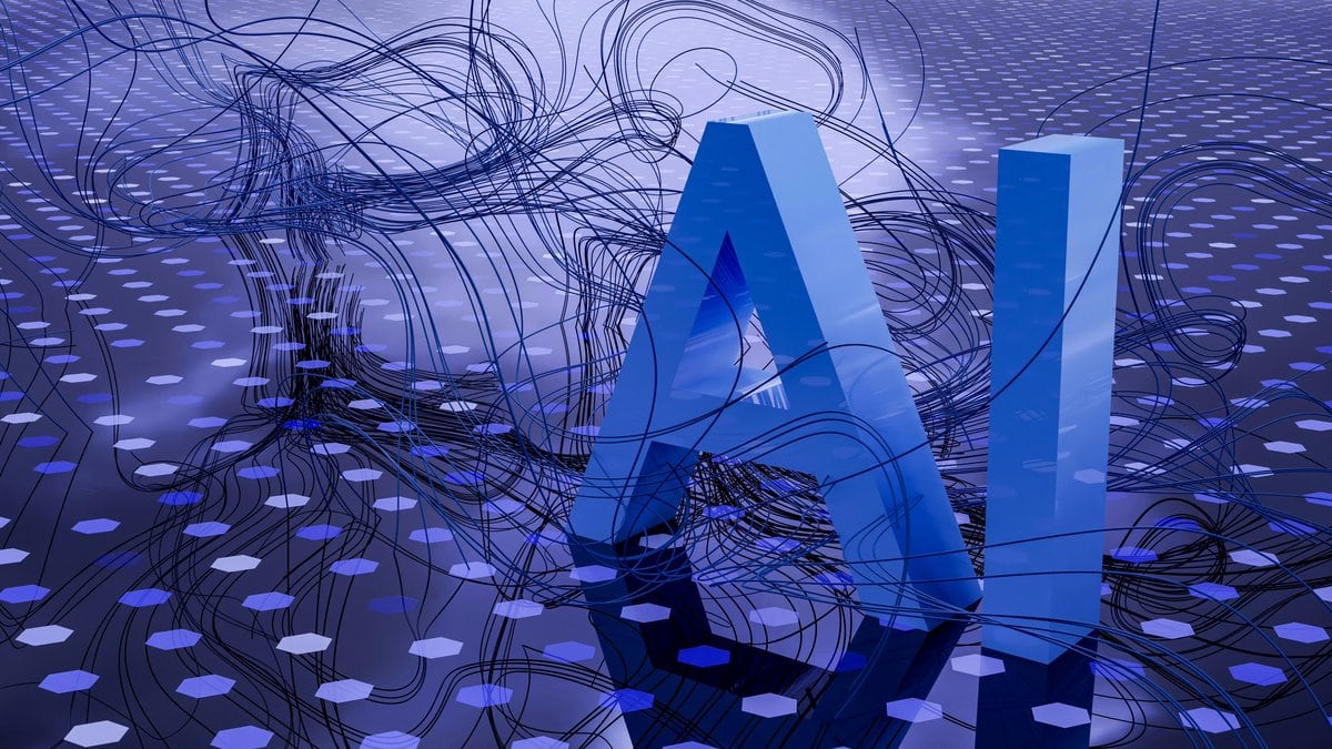 AI logo with purple backdrop in 3d