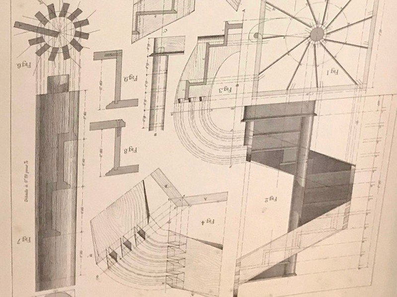 An old schematic drawing, isomeric looking of different objects, just like a blueprint.