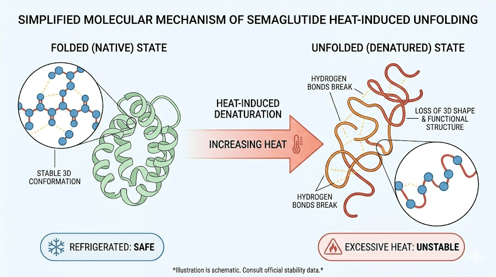 Semaglutide peptide denaturation process showing molecular structure changes from heat