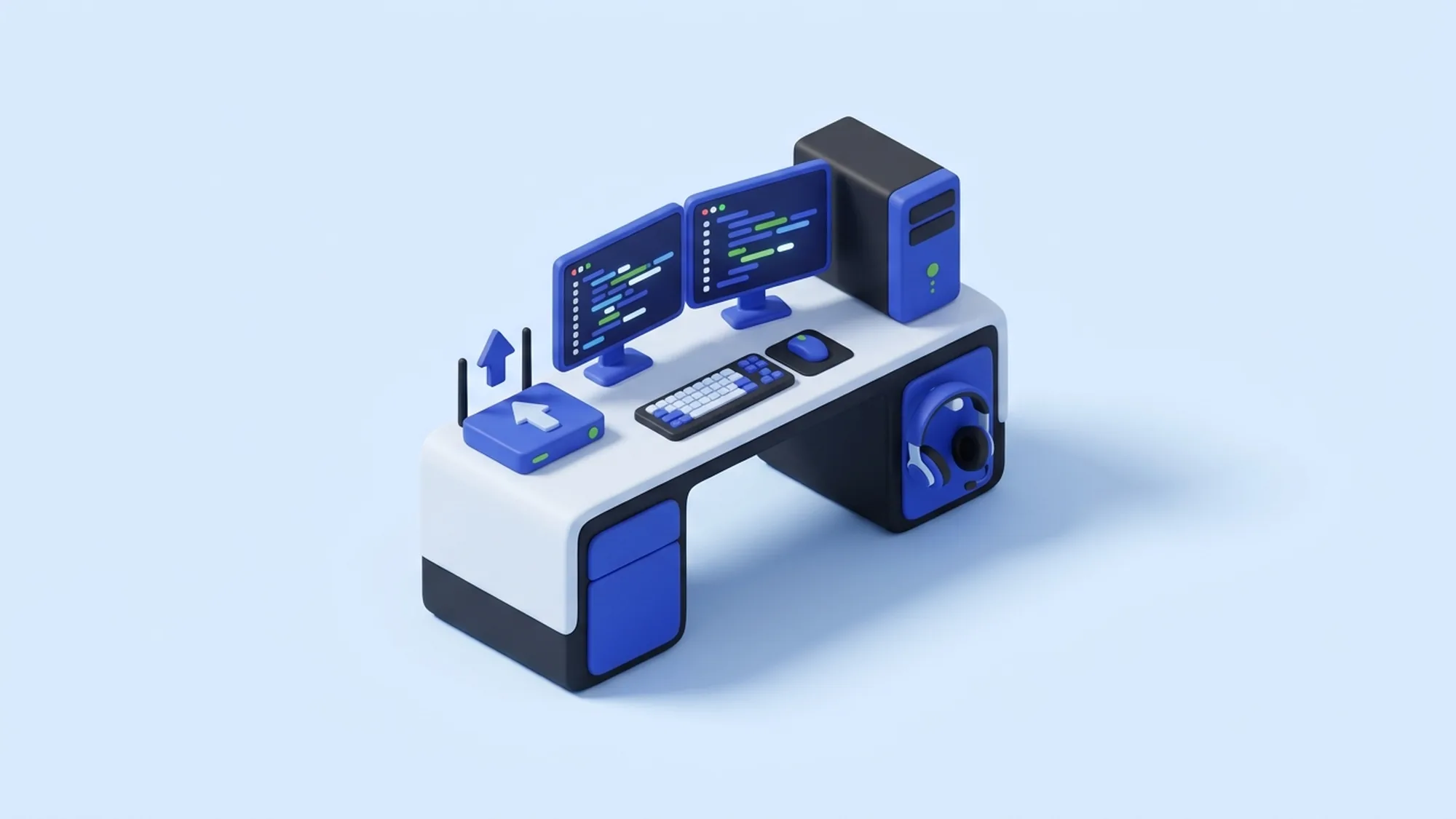 Illustration 3D de l'infrastructure d'un développeur en télétravail : double écran, SSD NVMe et connexion rapide