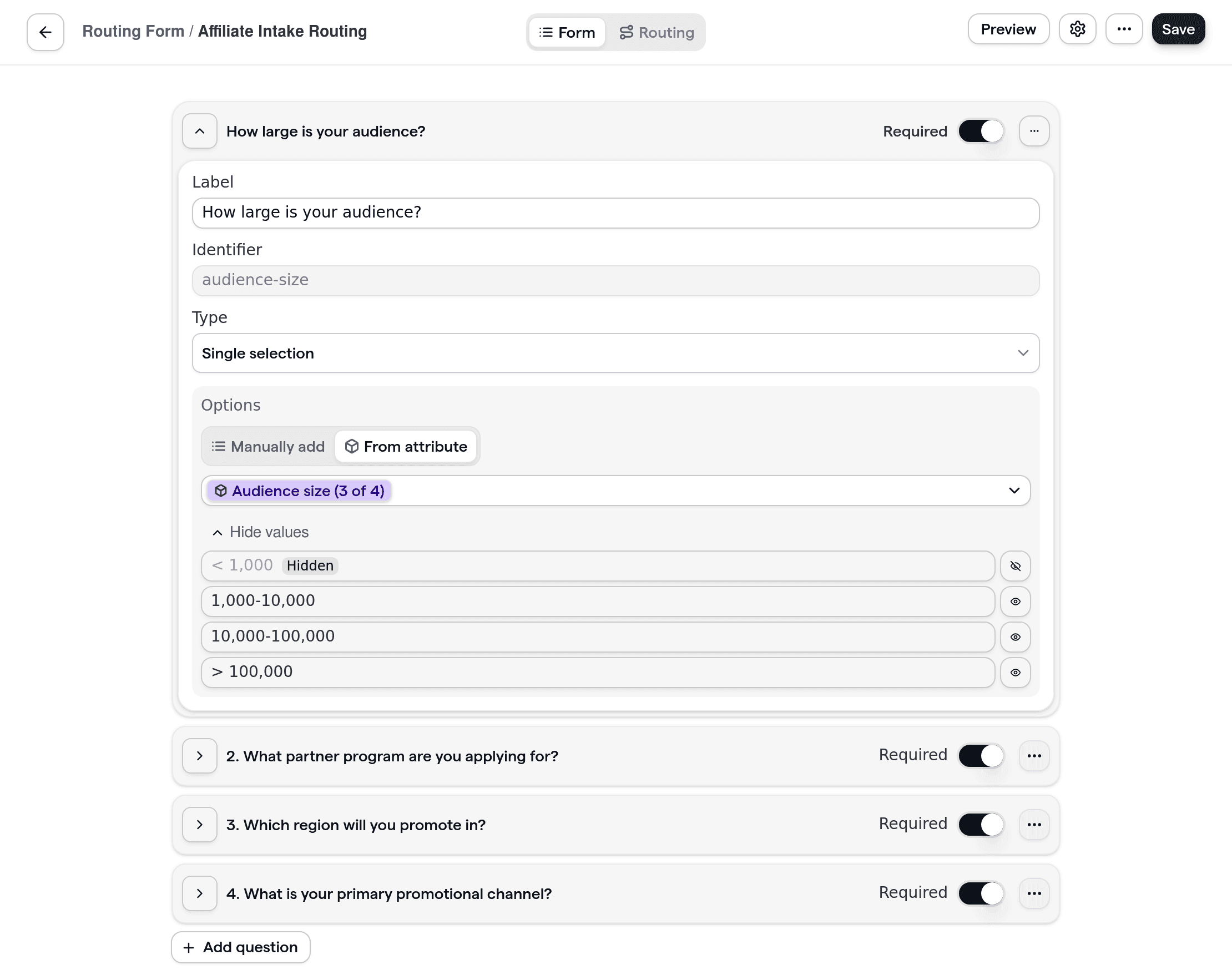Affiliate marketing routing form setup showing questions for partner program, promotional channel, and audience size.