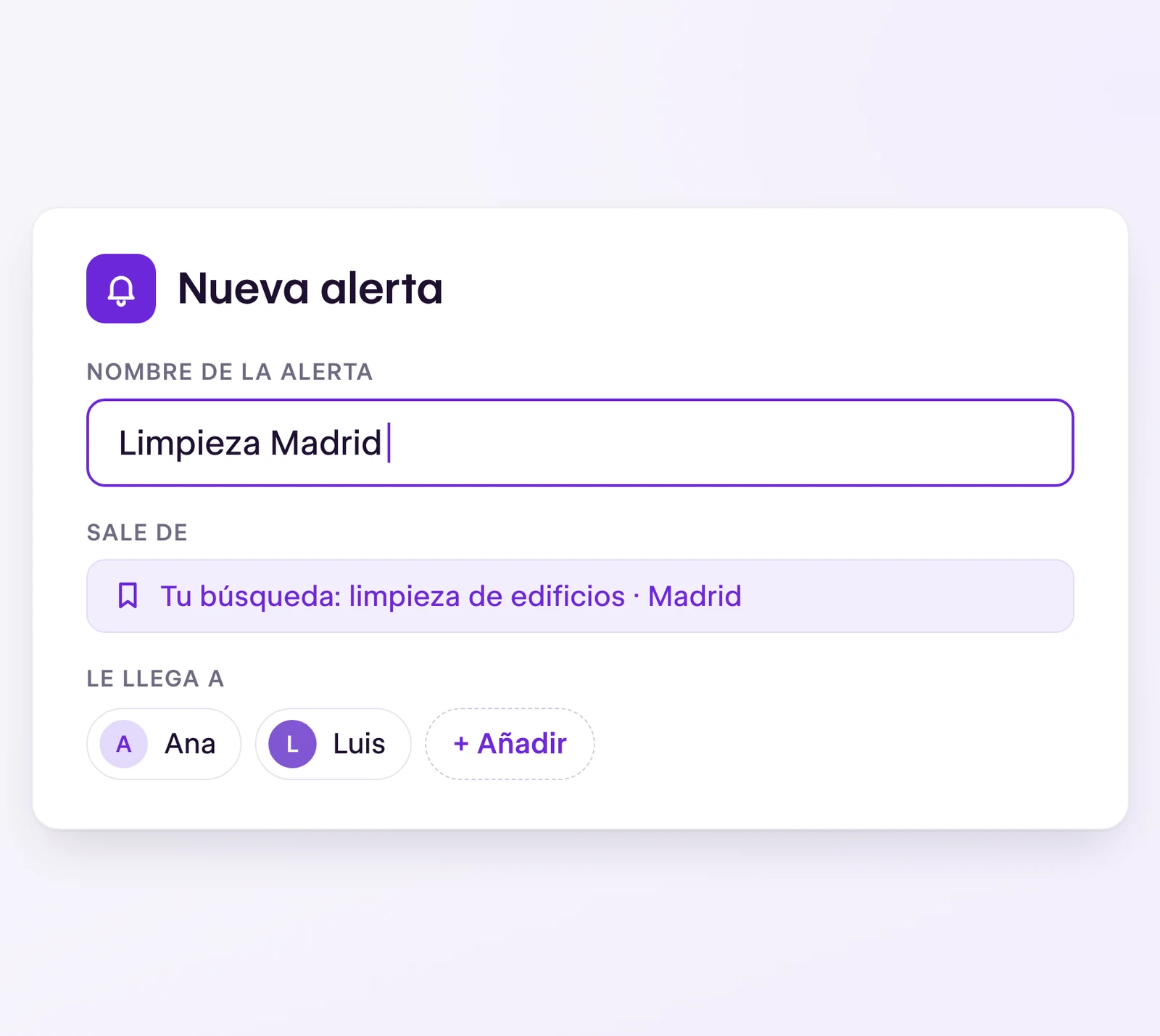 Nueva alerta «Limpieza Madrid» creada desde la búsqueda, con Ana y Luis como destinatarios