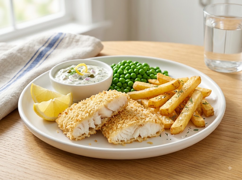 A healthy baked fish and chips dinner featuring panko-crusted white fish, seasoned oven fries, fresh peas, and creamy tartar sauce.