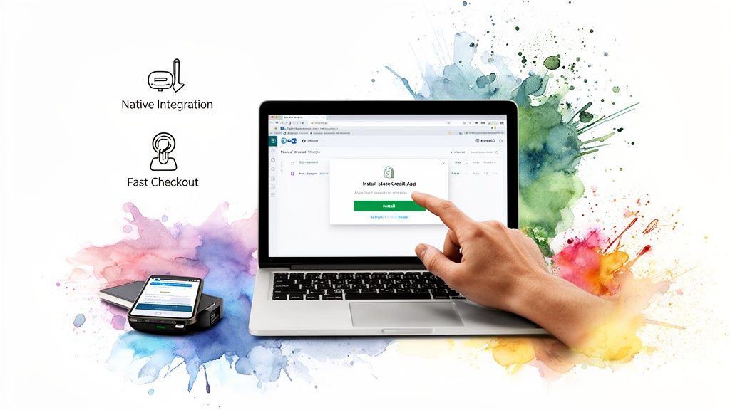 A hand installs a 'Store Credit App' on a laptop, emphasizing native integration and fast checkout.