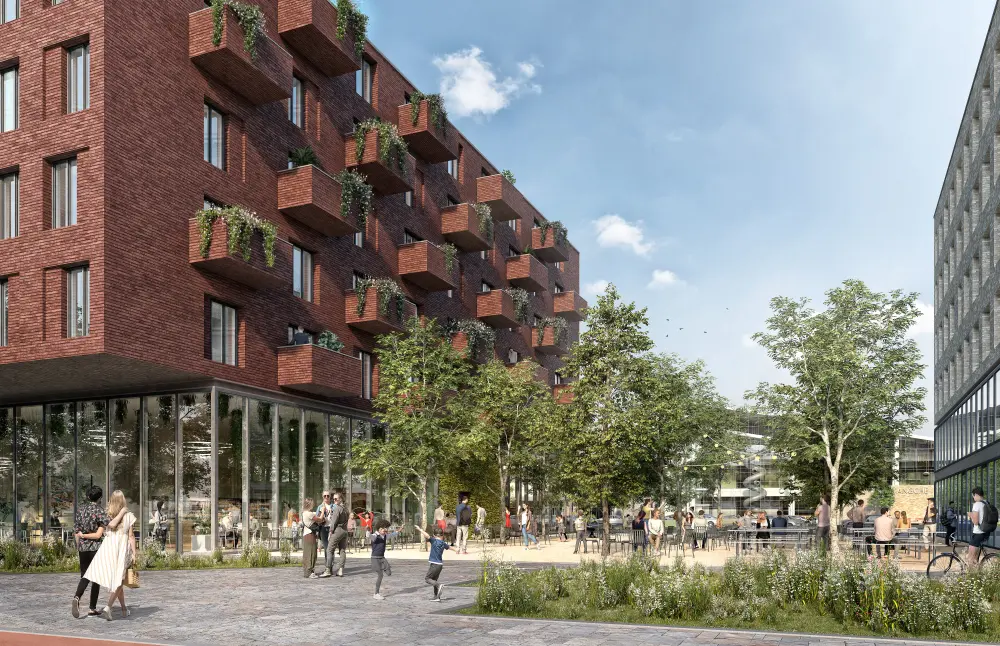 Isometrische Zeichnung eines Bauprojekts mit mehreren Gebäuden und markierten Strukturen in Rot
