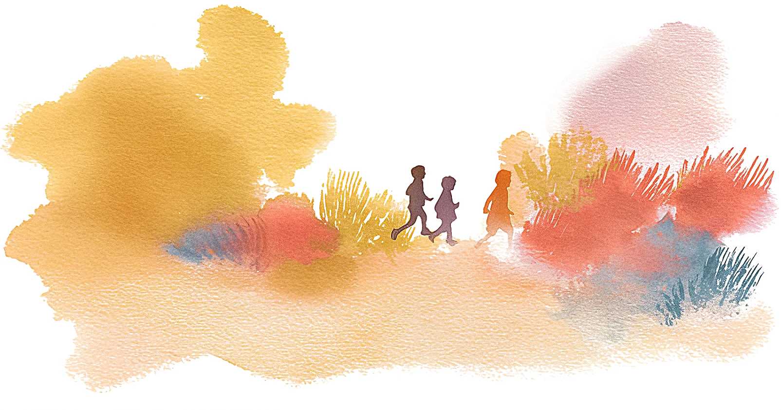 Watercolor illustration of three children walking together through a colorful landscape