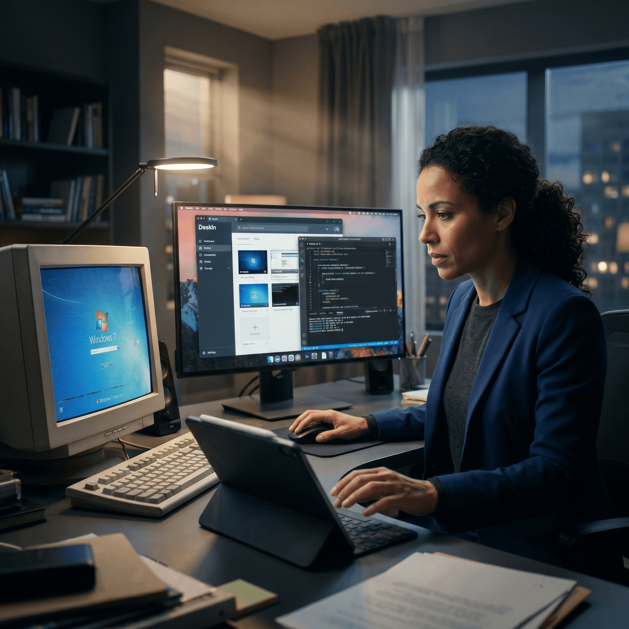 traditional, clunky RDP connection represented by the old CRT monitor displaying Windows 7, placed alongside the modern, seamless "teleportation" experience provided by modern tools like DeskIn and contemporary displays