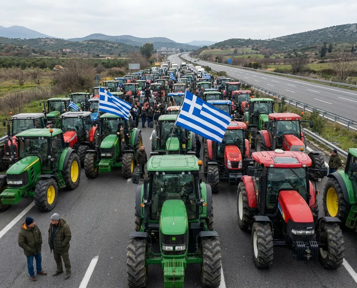 Greek farmers with tractors gathered at a roadblock on a national highway during protests.