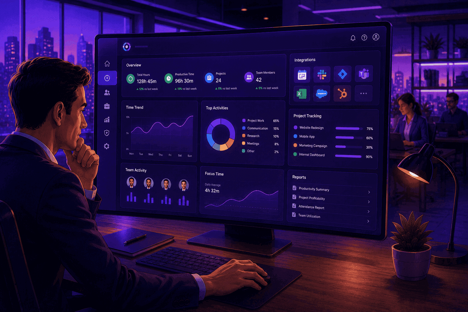 Manager reviewing a modern enterprise time tracking dashboard with integrated productivity, project management, reporting, team activity, and business system connections.