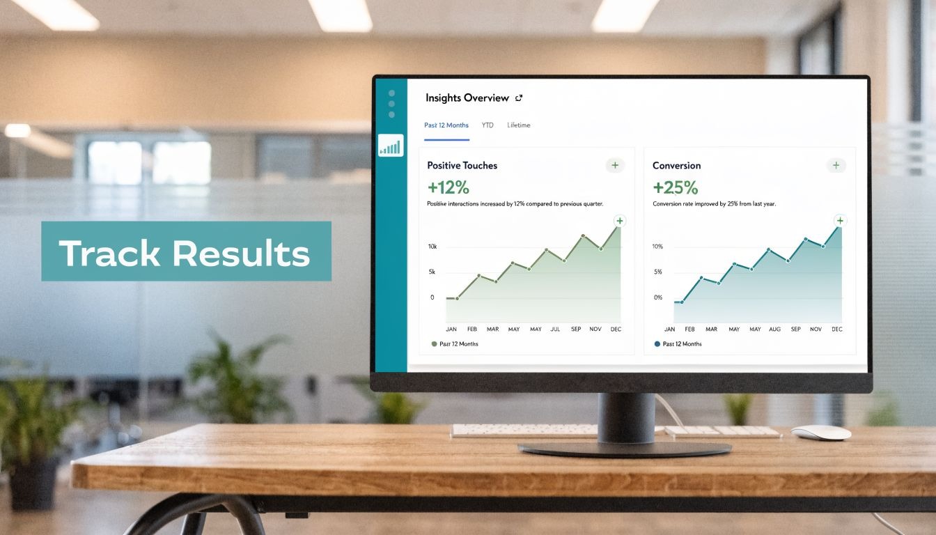 A computer monitor displaying a marketing analytics dashboard showing positive growth trends in business performance.