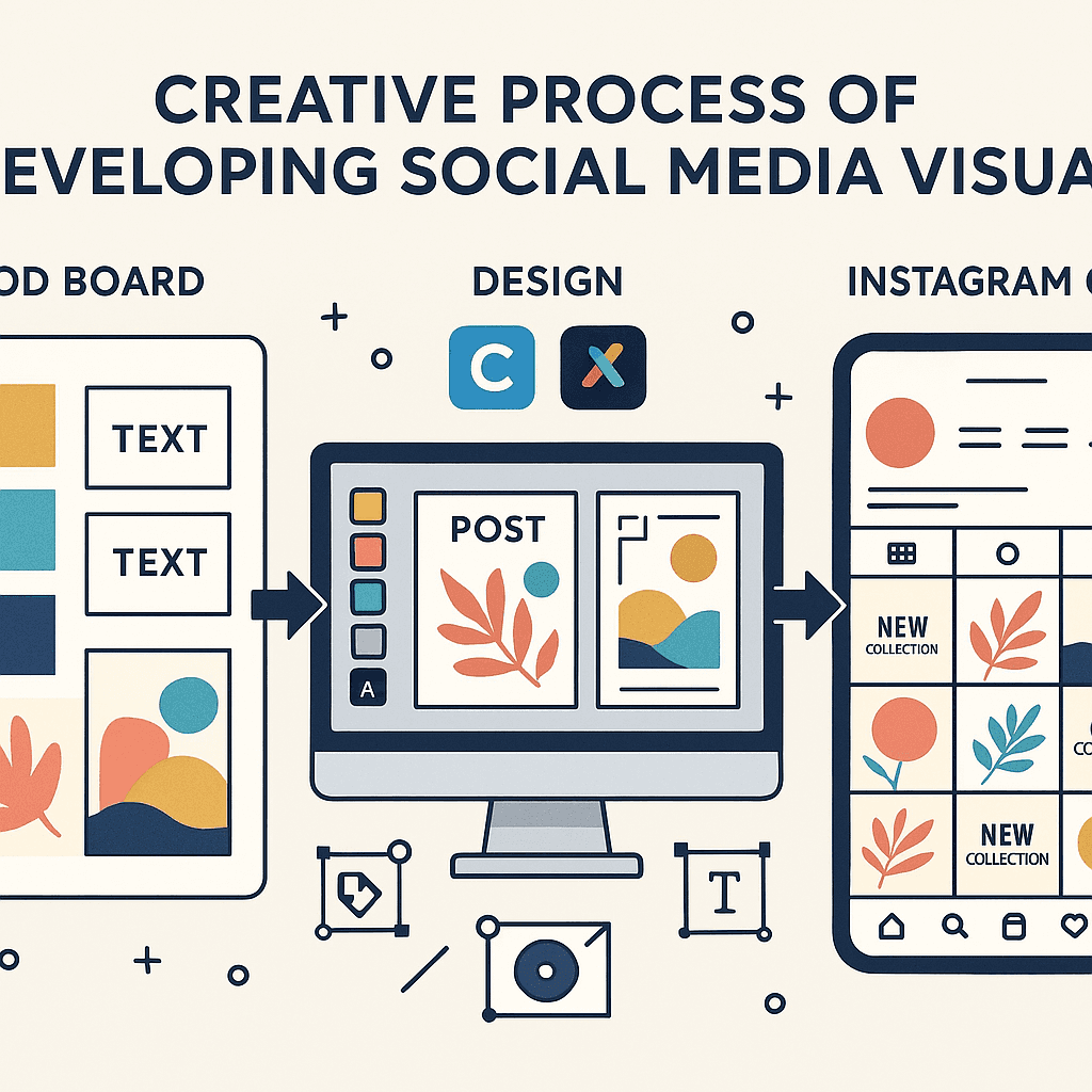 A landscape-oriented infographic showing the creative process of developing social media visuals.