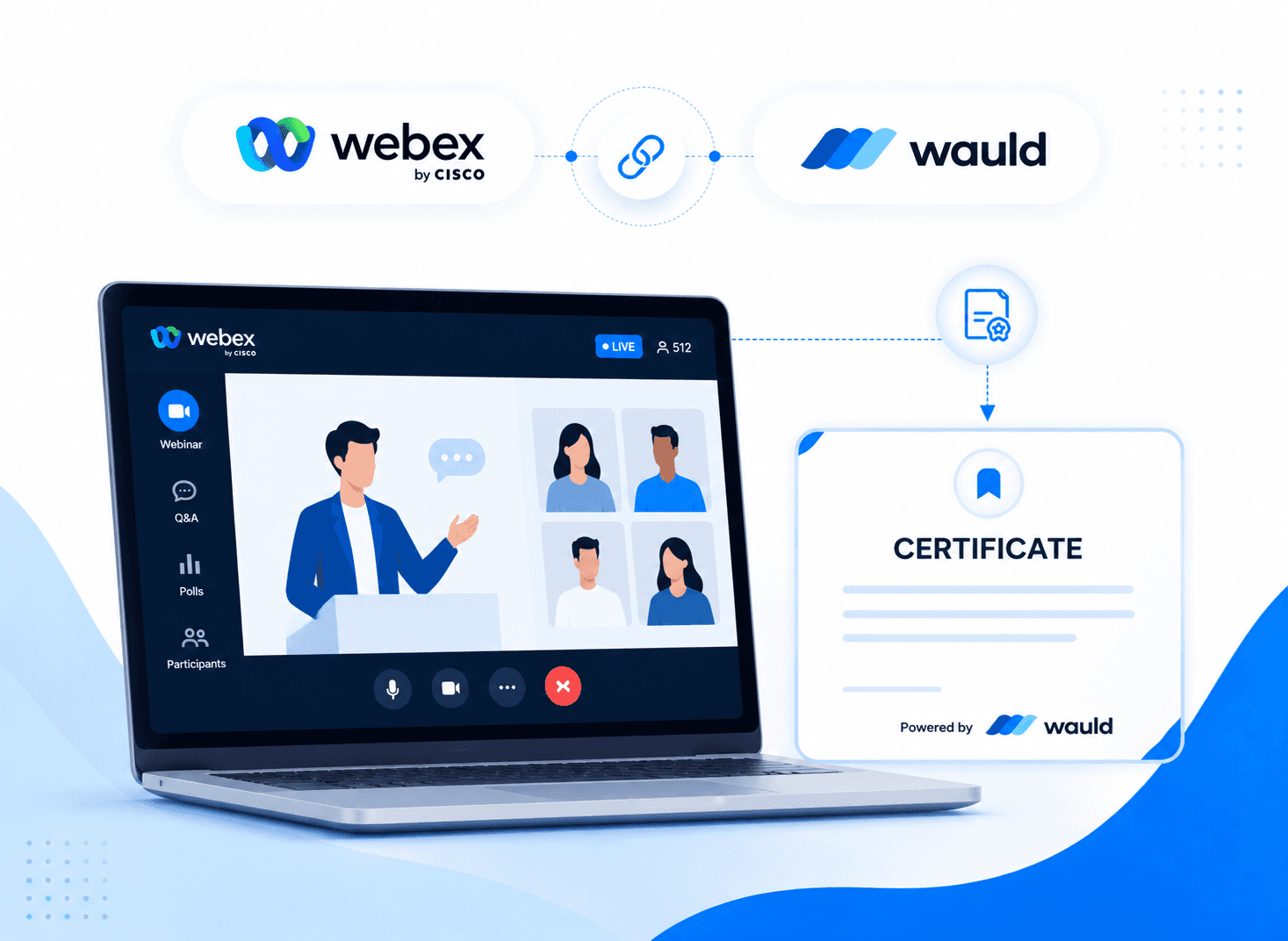 Illustration of a Webex webinar displayed on a laptop screen with a presenter speaking to attendees in a virtual session. Above the laptop, Webex and Wauld logos are connected, representing integration. A digital certificate labeled 'CERTIFICATE' appears beside the laptop with 'Powered by Wauld' branding, connected through an automated workflow icon. The design uses blue and white gradients to highlight seamless webinar certificate issuance and automation.
