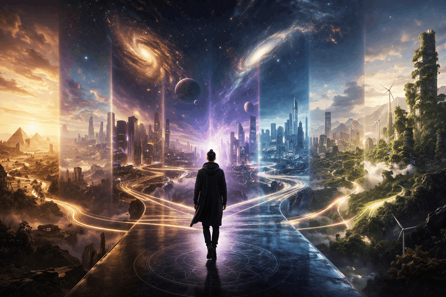 Person walking between multiple timelines and realities symbolizing timeline jumping and choosing a new life path