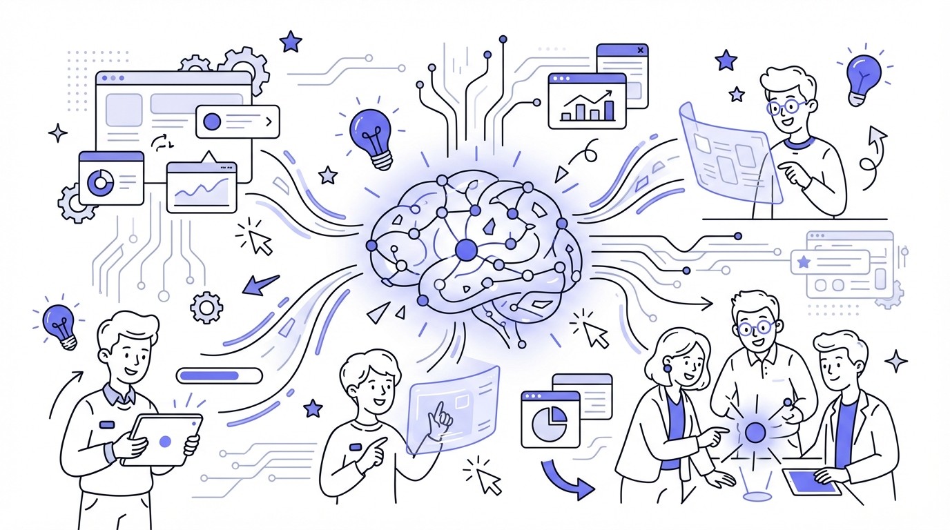 A conceptual digital illustration of a glowing, intricate neural network or abstract brain-like core representing AI, emitting luminous data streams and holographic connections that orchestrate various abstract systems in a dark, futuristic tech environment.