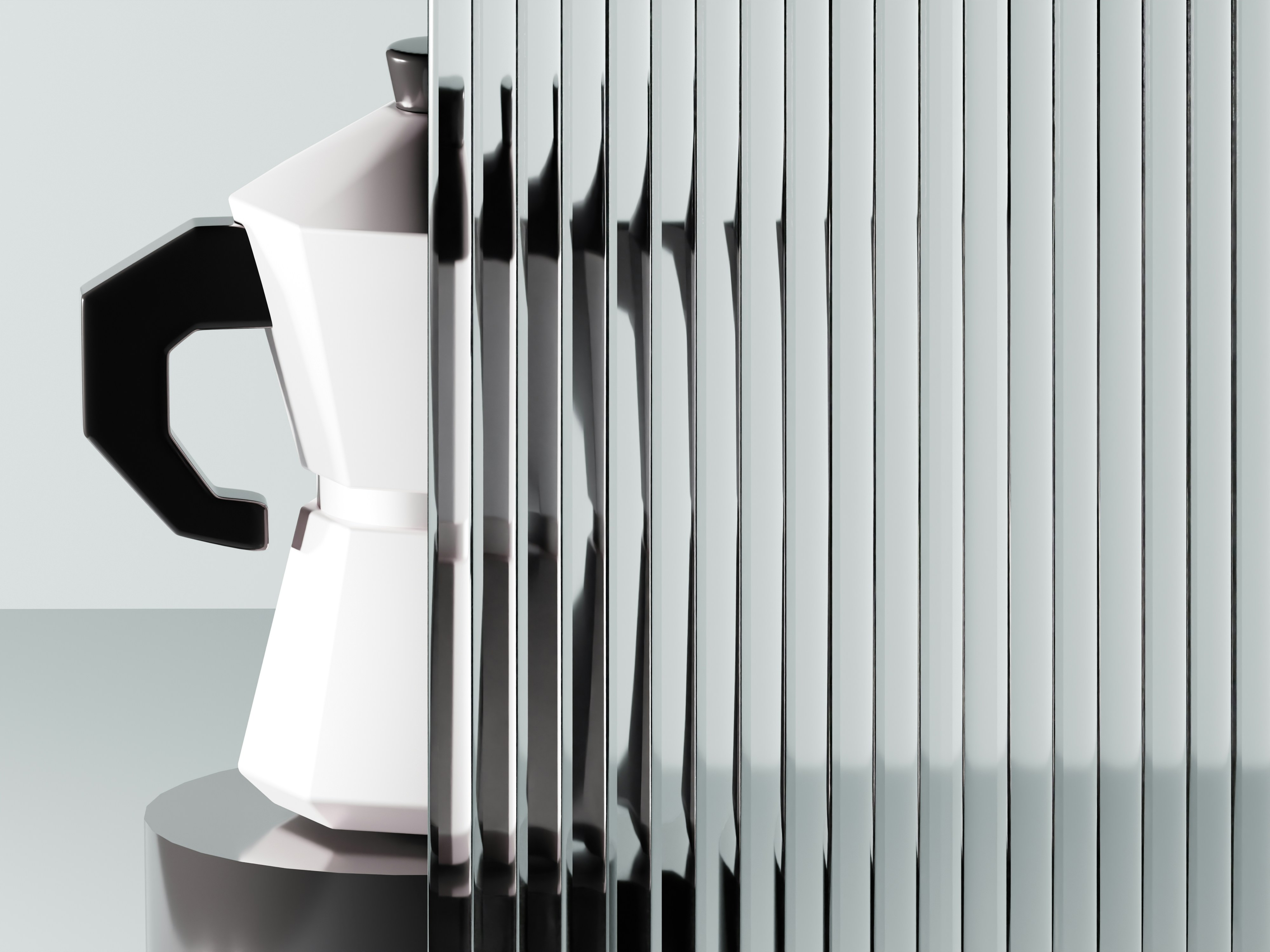 A coffee maker's reflection through a textured surface.