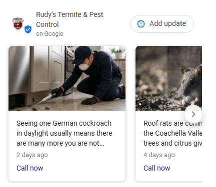 What a simple weekly post looks like. Each update is timely and specific, German cockroaches one week and roof rats in the Coachella Valley the next, and each one gives a worried homeowner a direct way to call.