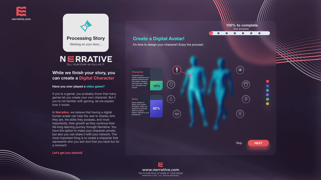 Interface design of the Nerrative platform showcasing user-friendly layout and visual elements