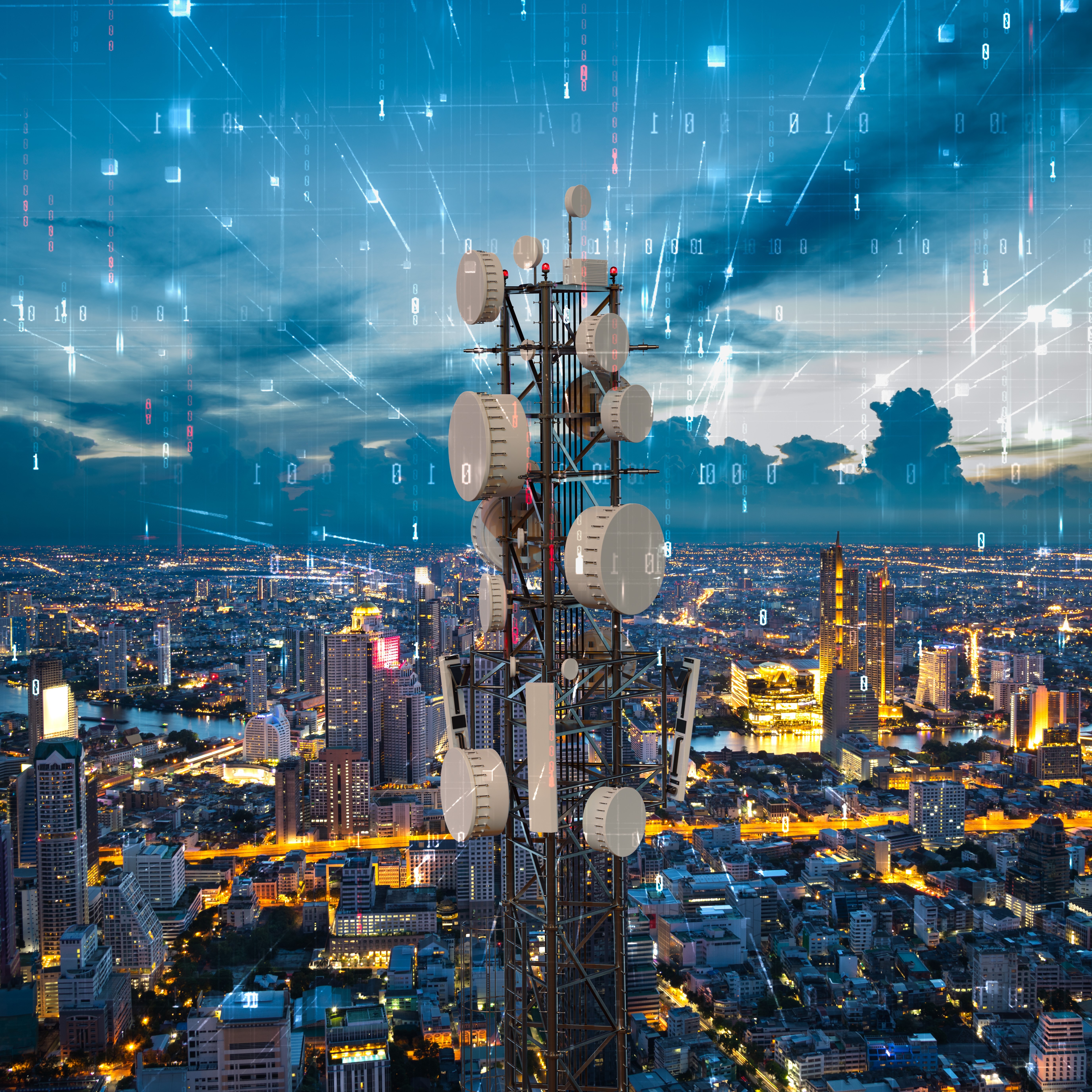 Technician working on a telecommunications tower overlaid with futuristic digital graphics, symbolizing the high-tech expertise required to maintain and advance urban communication networks.
