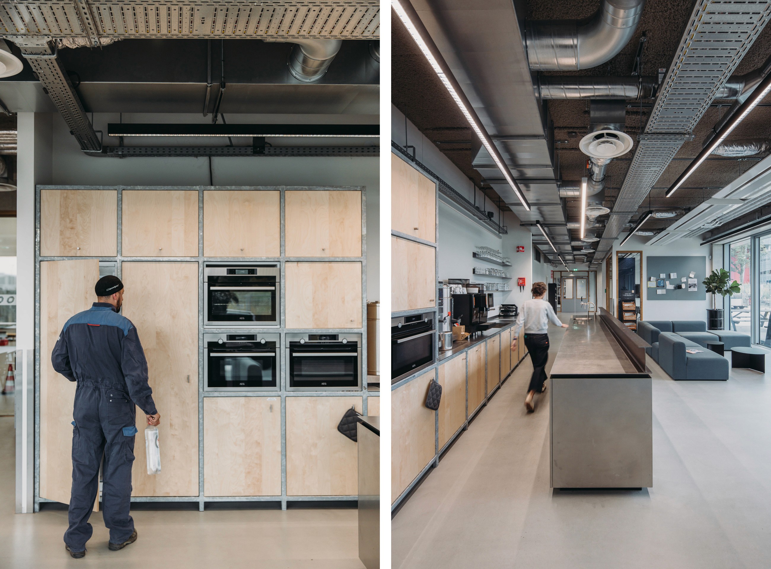 Interior photo of the lunchroom with details of the kitchen design