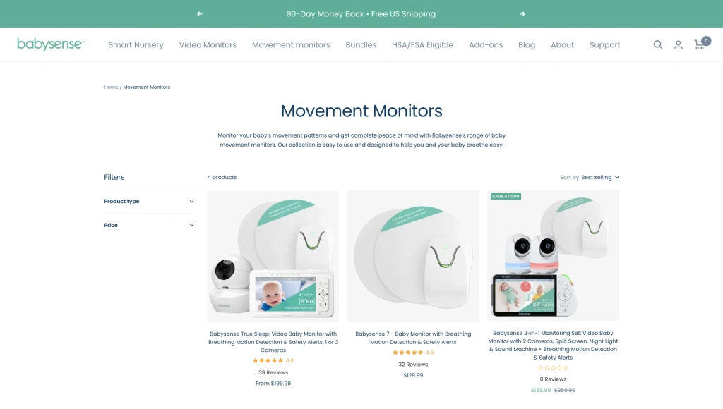 babysense e-commerce store website breathing motion monitors catalog page