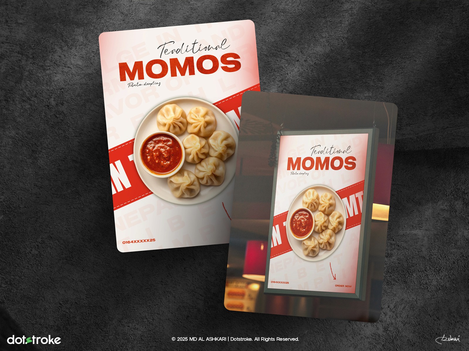 A professionally designed promotional poster for a momo platter. Features bold typography, delicious