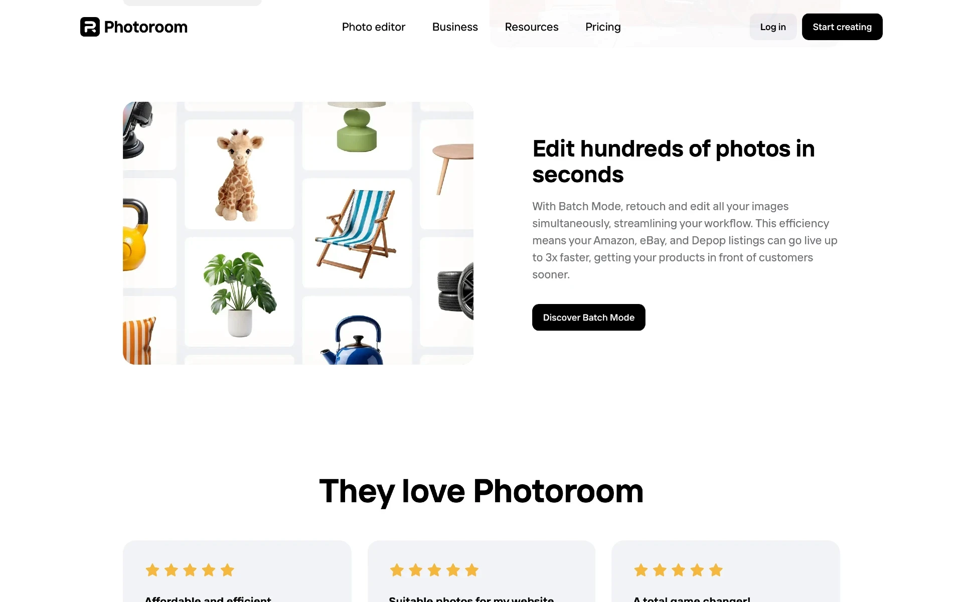 Photoroom’s landing page and the features component