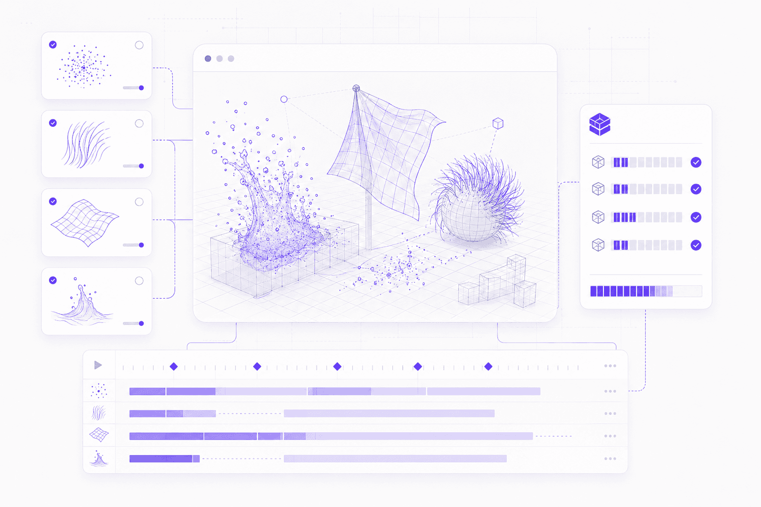 Illustration of Blender particles, hair, cloth, and fluid simulations connected to a timeline and cache controls