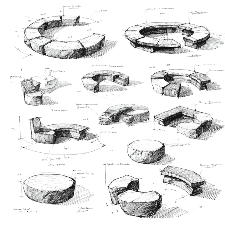 Concept development sketches showing multiple variations of a circular, modular bench with stepped, curved, and segmented forms.