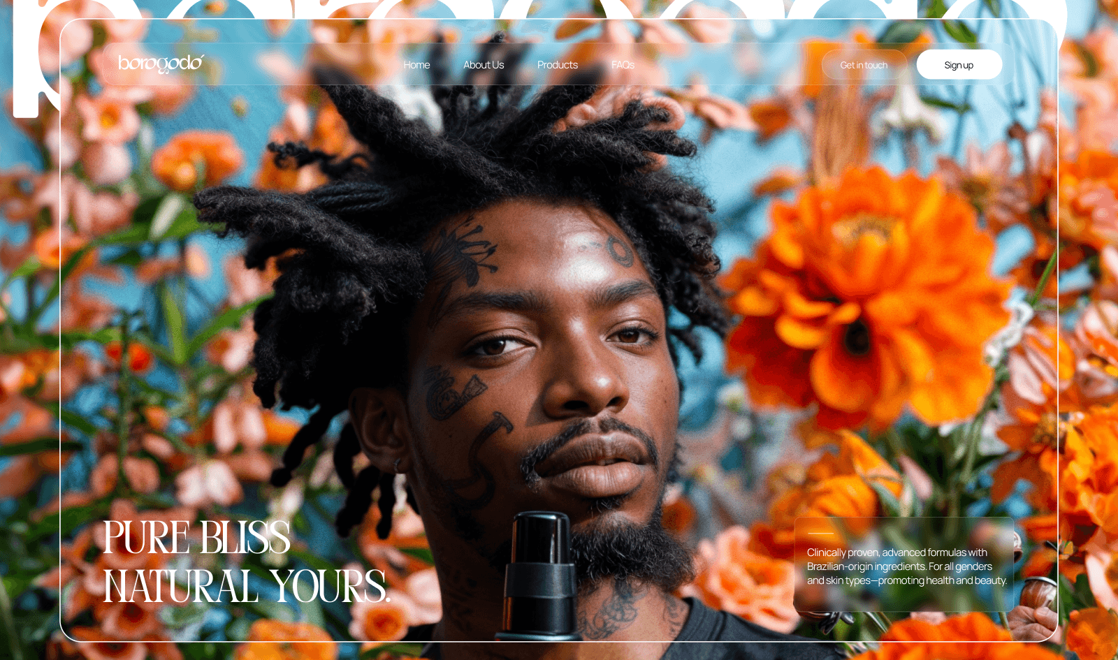 hero image of a guy holding a serum with some flowers on the back