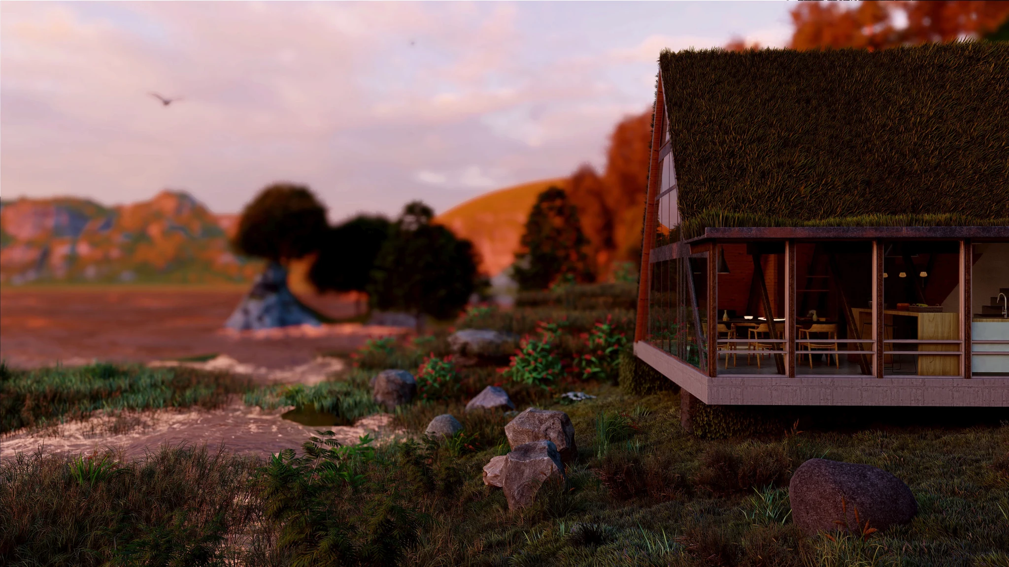 A house with a grass roof and a small pond, blending nature and architecture seamlessly.
