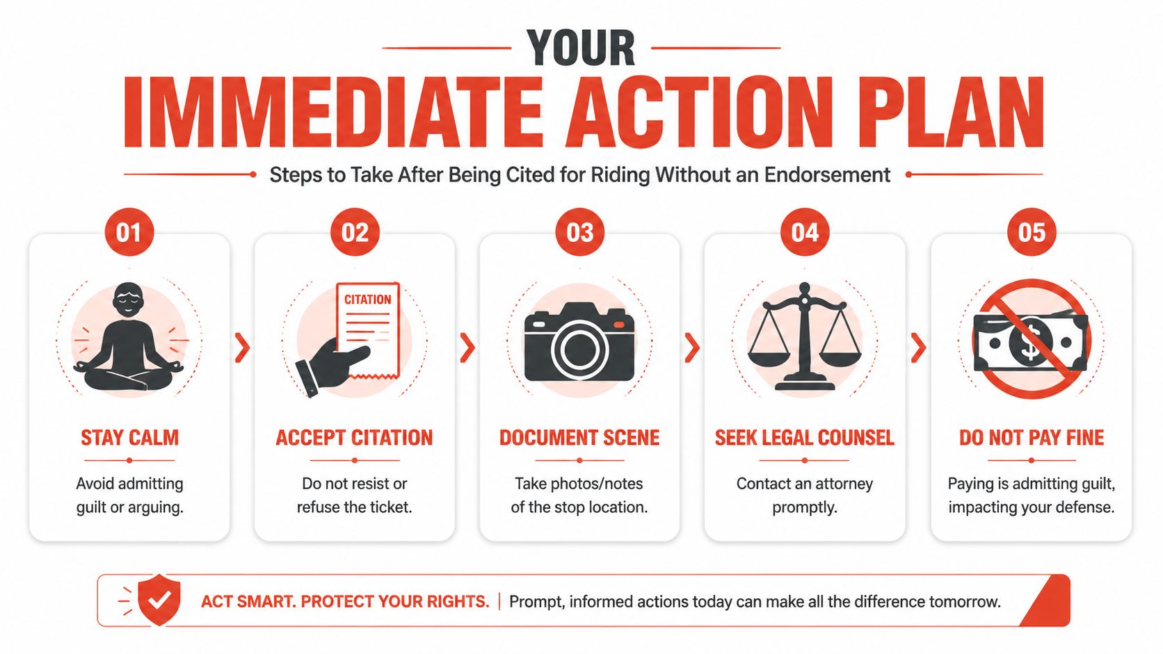A five-step infographic guide on immediate actions to take after being cited for riding without a motorcycle endorsement.