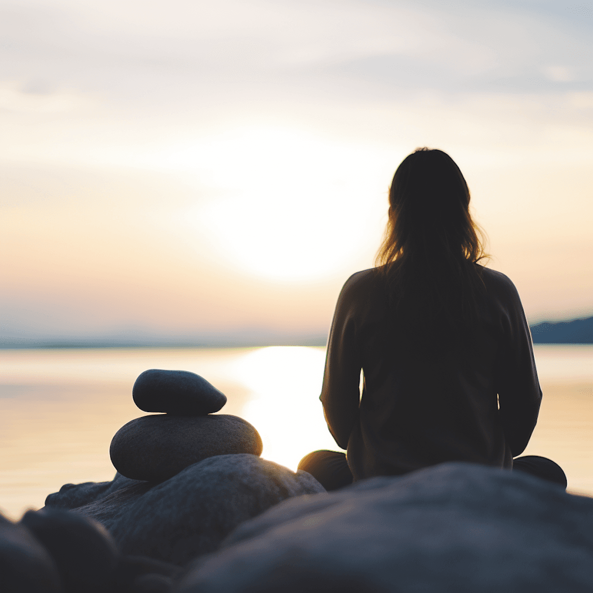 Woman meditating by water at sunset, symbolizing balance, self-care, and women's mental health and wellness.