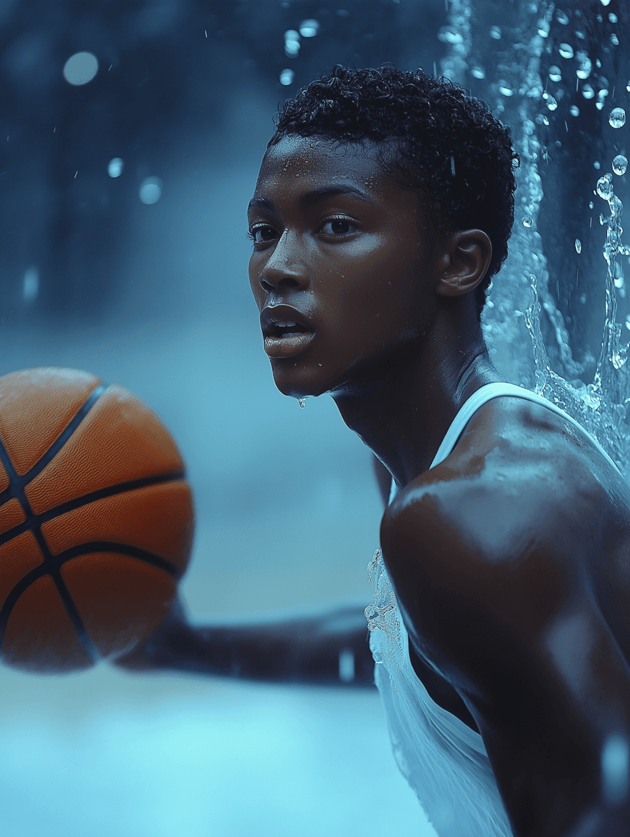A young athlete holding a basketball, looking back against a dynamic, water-splashed background.