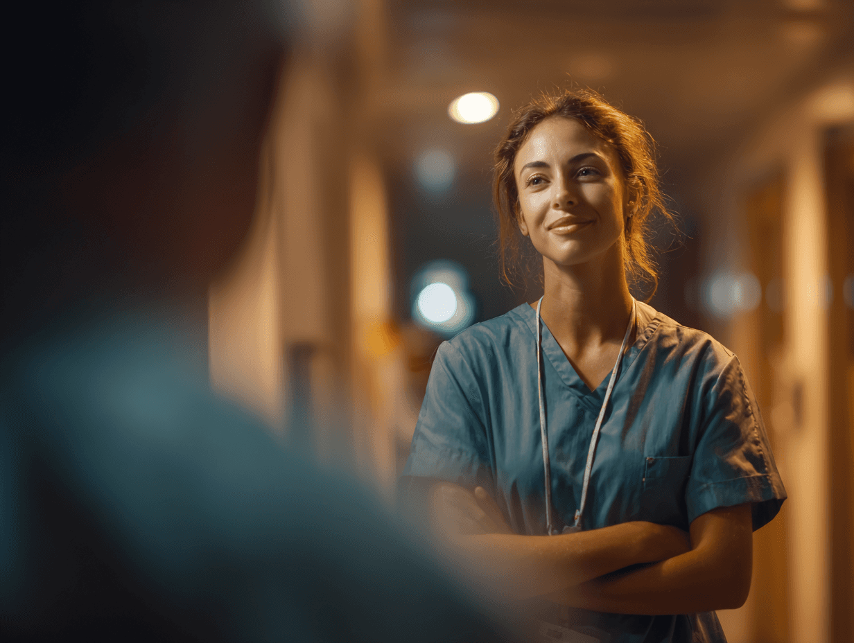A person in scrubs smiles warmly in a softly lit hallway, conveying a sense of calm and compassion in a medical environment.