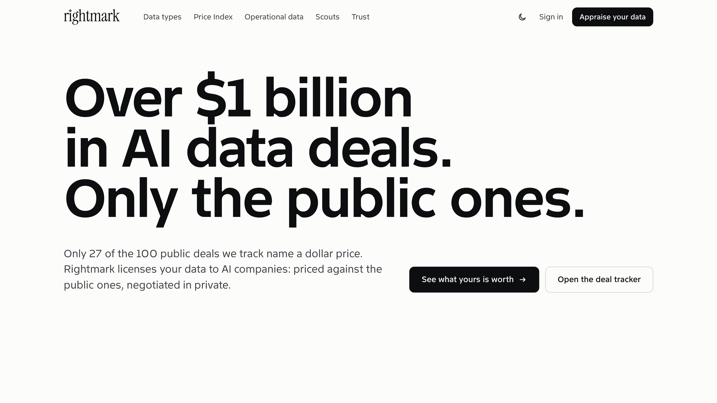 Screenshot of the rightmark.ai home page, showing the public deal headline above the appraisal call to action.