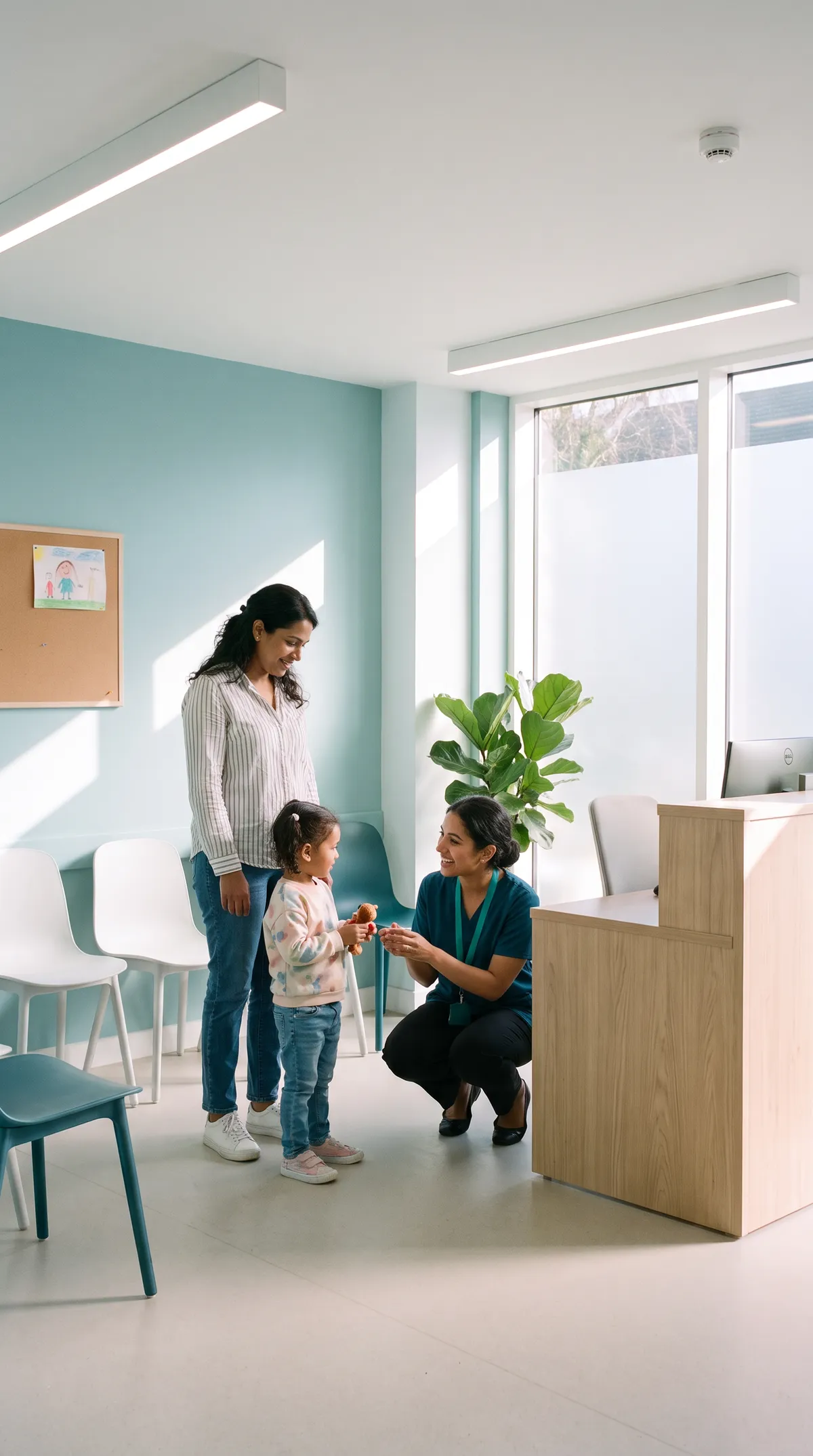 A GP with a child and parent in the consulting room