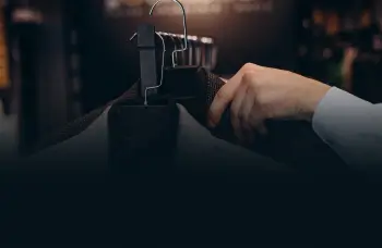 Hands hanging garment on coat hanger
