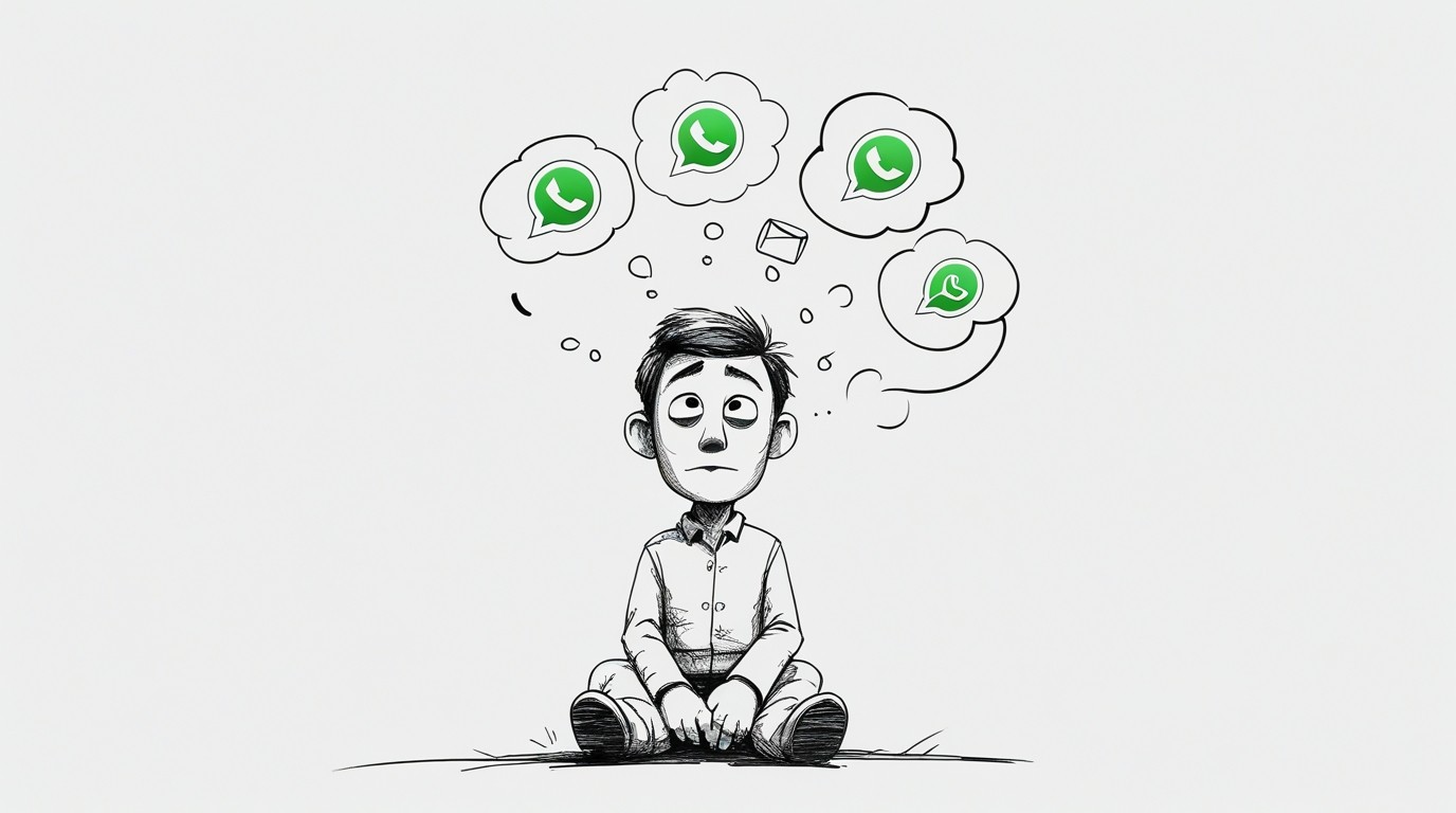 Pixar figure sitting quietly with small hand-drawn thought bubbles rising gently above the head, containing whatsapp logos and simple shapes to represent emerging ideas.