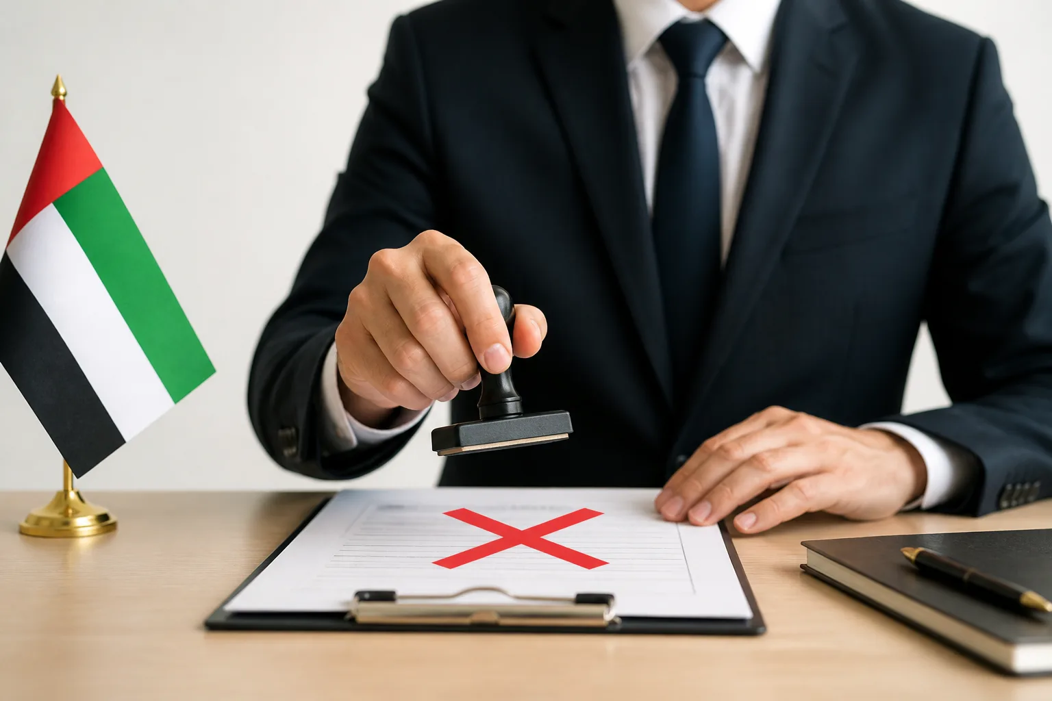 UAE Business Bank Account Rejection beside a corporate bank card, payment terminal and signed documents