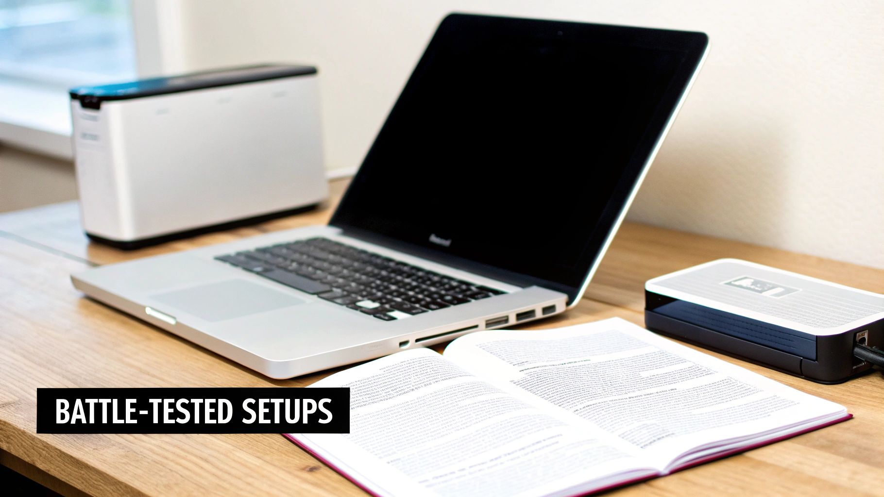 A modern workspace with a laptop, external hard drives, and an open book on a wooden desk.