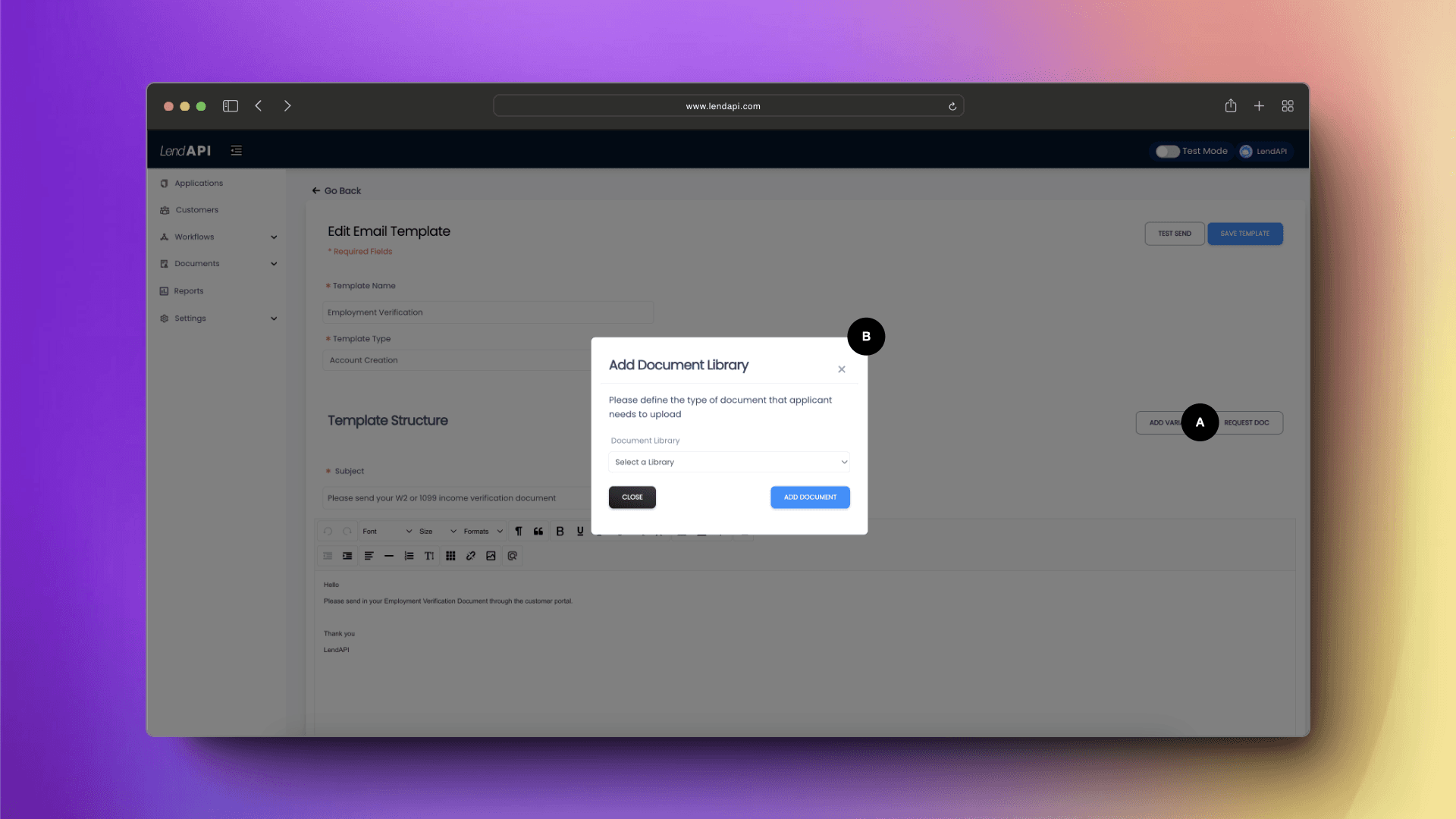 LendAPI Edit Email Templates - Add Doc Request Template