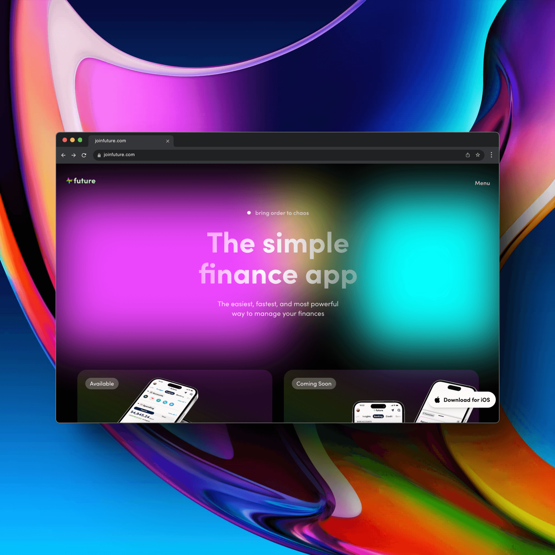 Screen from a fictional website on a purple gradient background