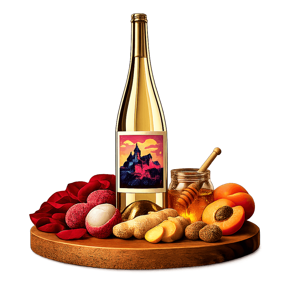 Artistic label and flavor profile for Zakarpattia Traminer on a rustic wooden table.
