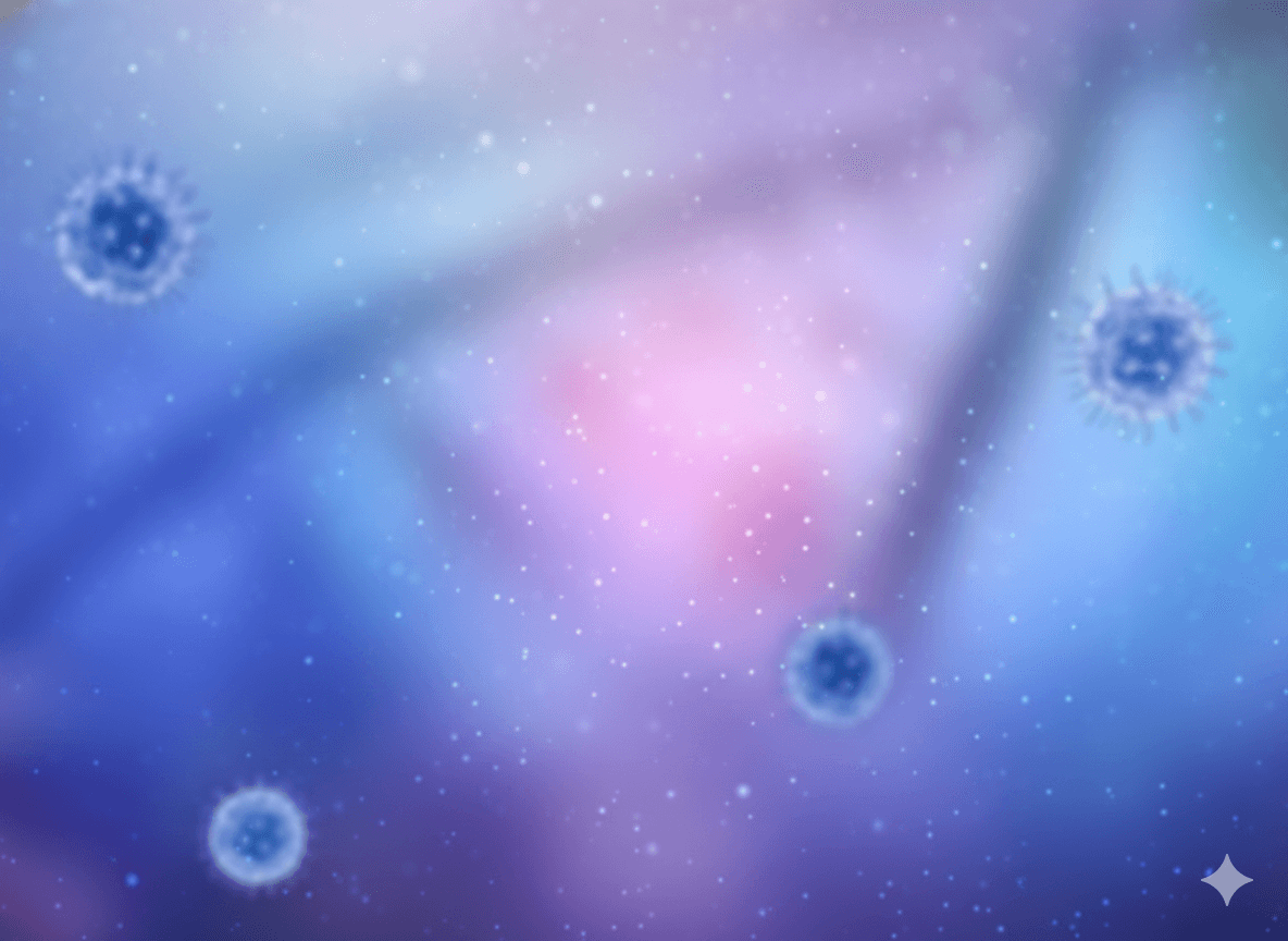 Close-up of a blue, spiky virus particle