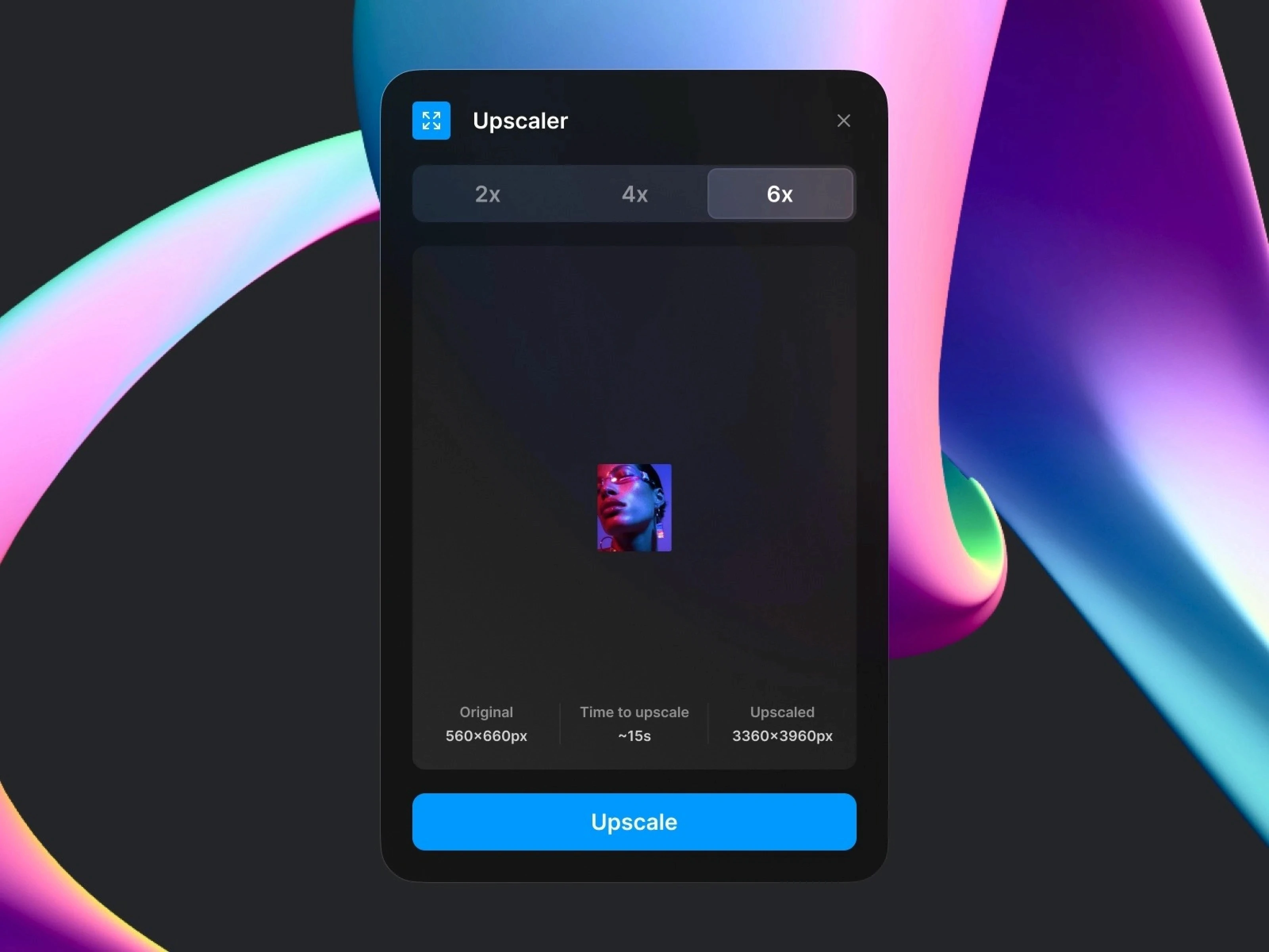 Choose the image upscale ratio for a dark background and display the Upscaler window with the upscale button.
