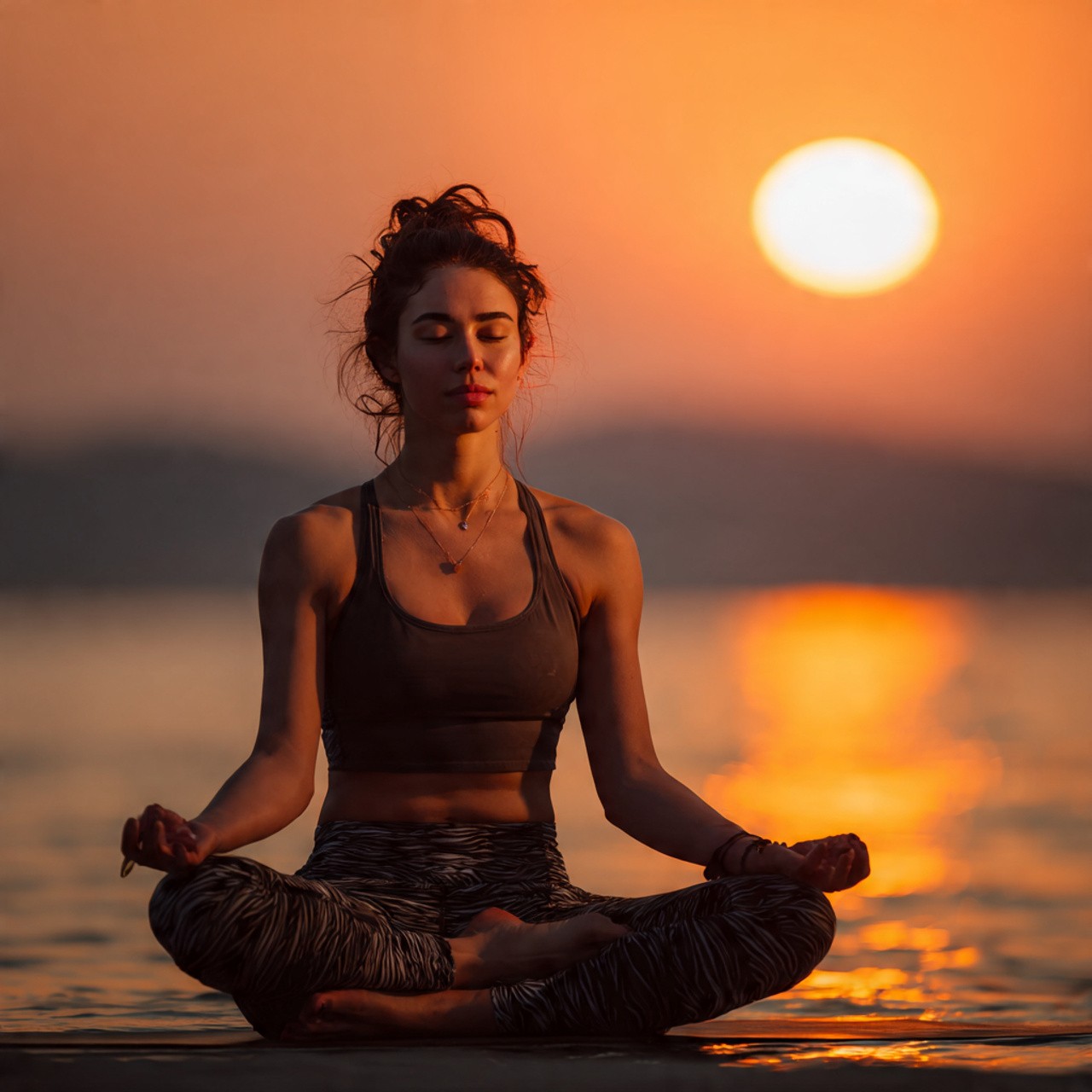 Woman meditating in lotus pose by water at sunset.
